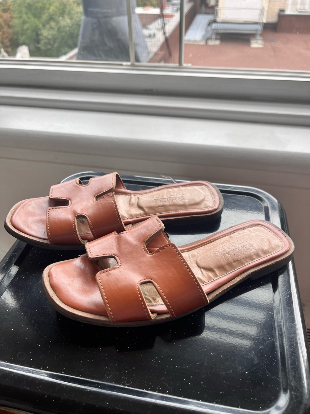 Women's Tan Slide Sandals with Open-Cut Upper - Hermes